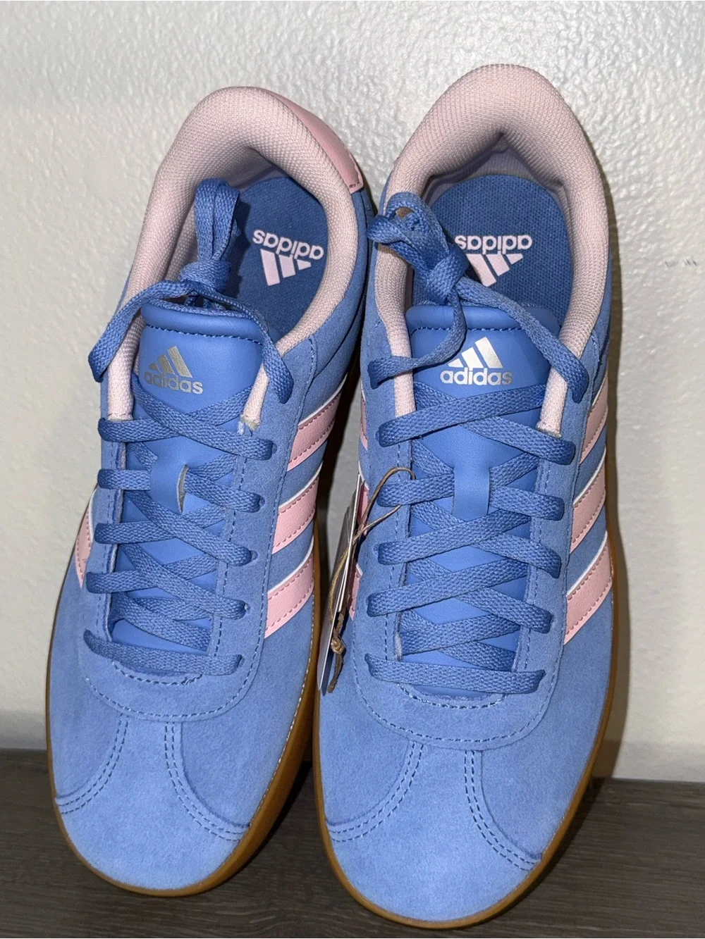 adidas VL Court 3.0 Blue Suede Sneakers w/ Pink Stripes & Gum Sole, Size 5Y NWT